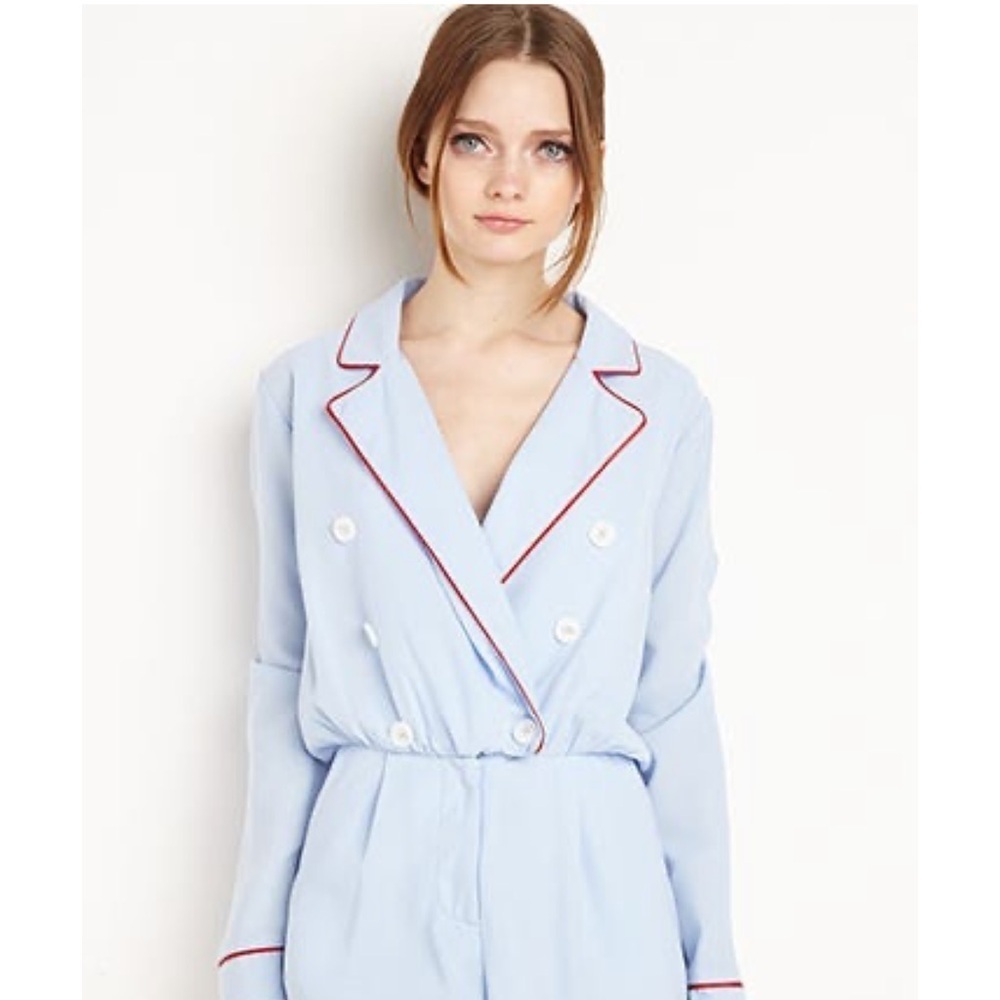 NWOT Lt Blue Women's with red trim romper with Red Trim Size Small (no size tag)